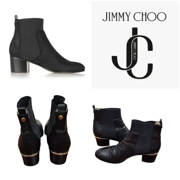 Jimmy Choo Black Leather Chelsea Ankle Boots US10/EU41 Gold Heel Accent Slip-On - Picture 1 of 15
